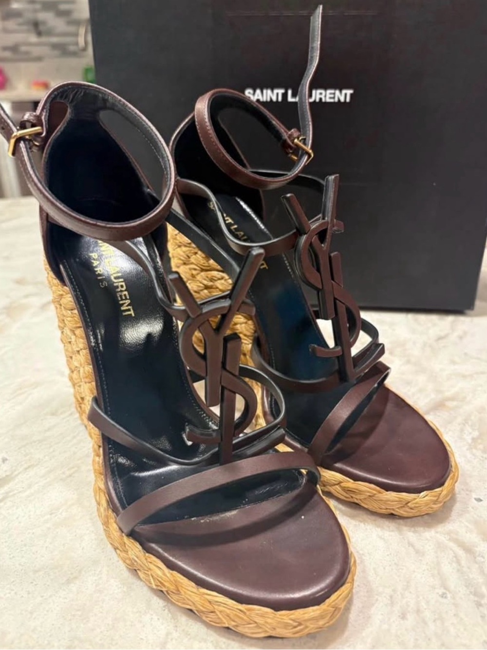 Saint Laurent Dark Brown Leather YSL Espadrille Wedge Sandals
